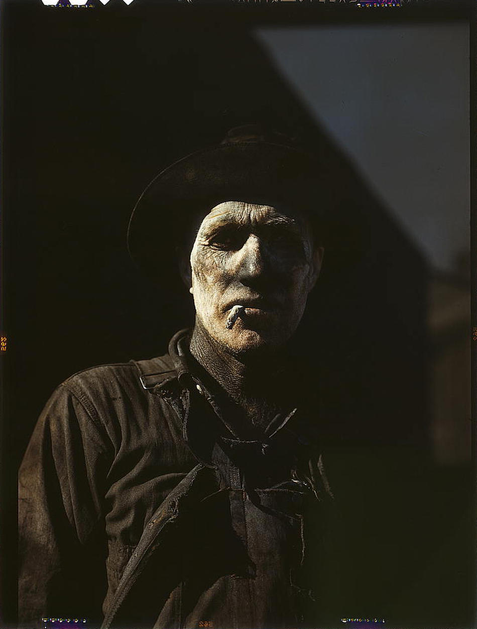 Worker at carbon black plant. Sunray, Texas, 1942. Reproduction from color slide. Photo by Worker at carbon black plant John Vachon. Prints and Photographs Division, Library of Congress